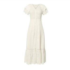 NWT LoveShackFancy Jodie Midi Dress Womens 2 Ivory V-Neck Short Sleeve Eyelet NE